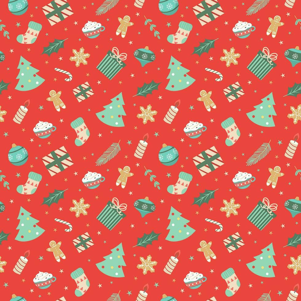 seamless christmas pattern template in cartoon style with christmas candies, gifts, holly leaves and bells. for wrapping paper, textile, themed decor vector