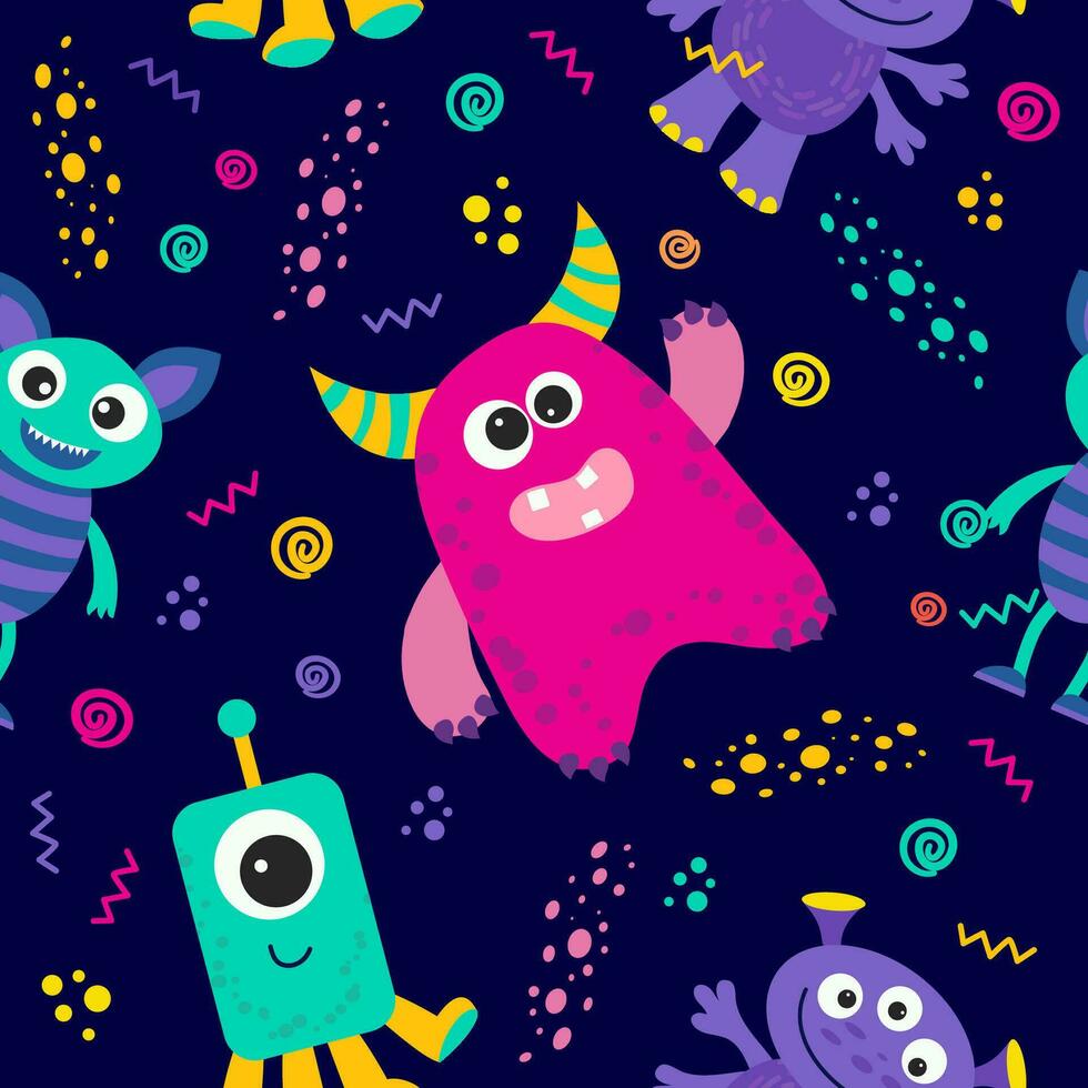 seamless pattern with aliens and space monsters, planets, rockets, stars, comets, spaceships in cartoon style. vector illustration