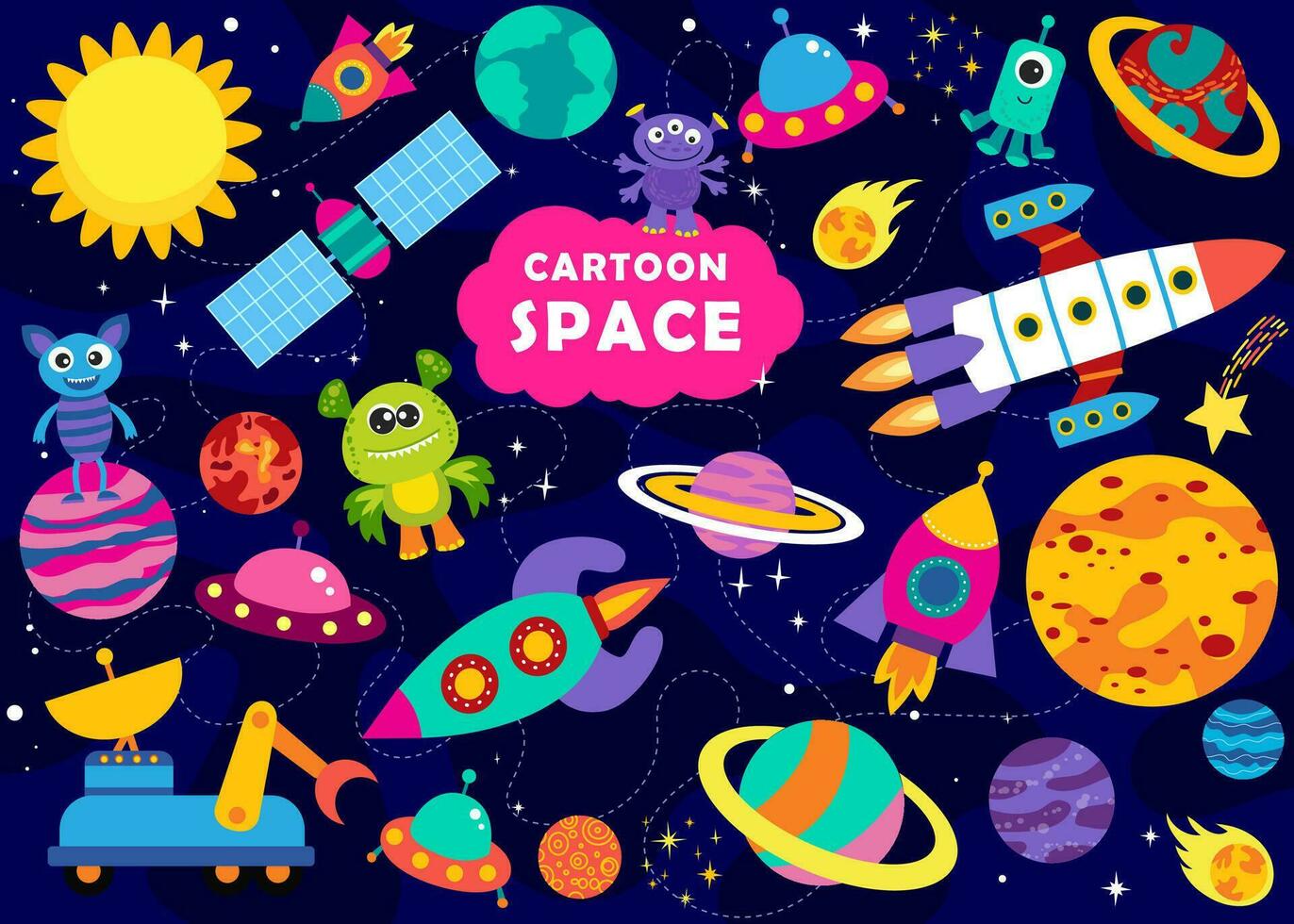 set of vector illustrations in cartoon style about space