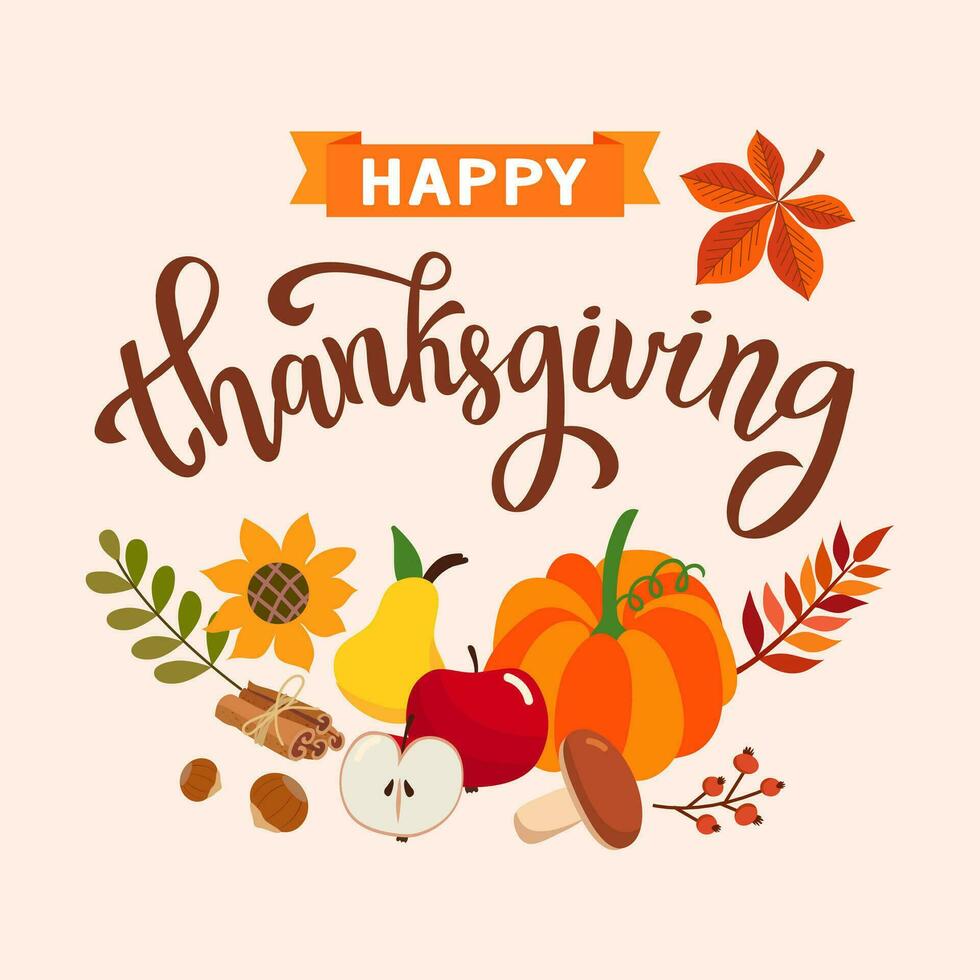 Thanksgiving greeting card. vector image.harvest, leaves, pumpkin, calligraphy