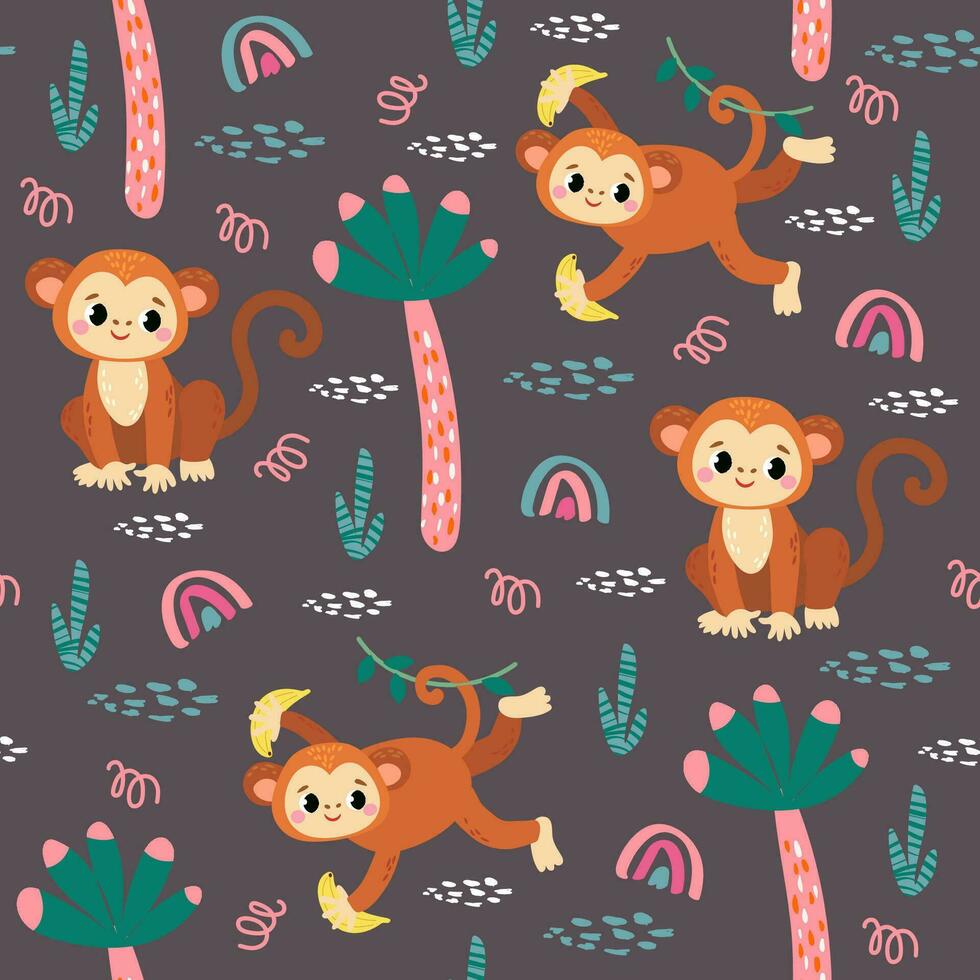 seamless pattern with African animals and plants in a childish cartoon style. vector illustration. for children's textiles and decoration