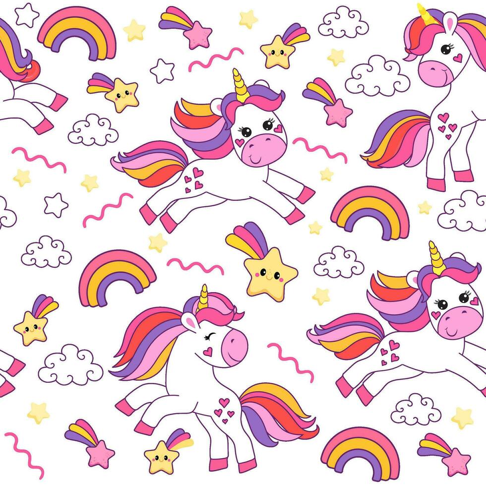 colorful seamless patterns with unicorns in cartoon style for kids. vector illustration