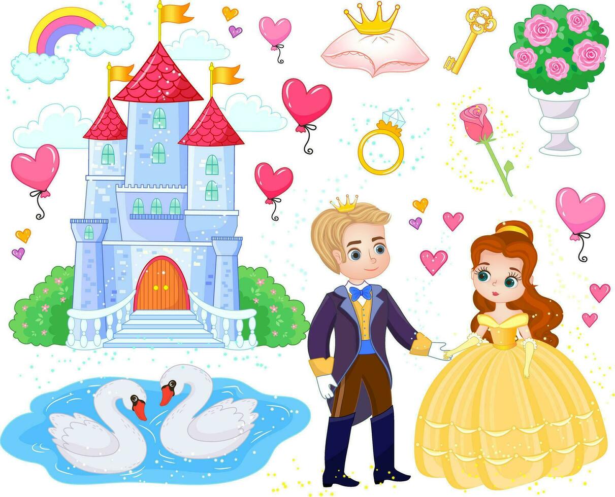 Set of fairy tale items and characters in cartoon style. Prince and princess near the castle. Vector illustration