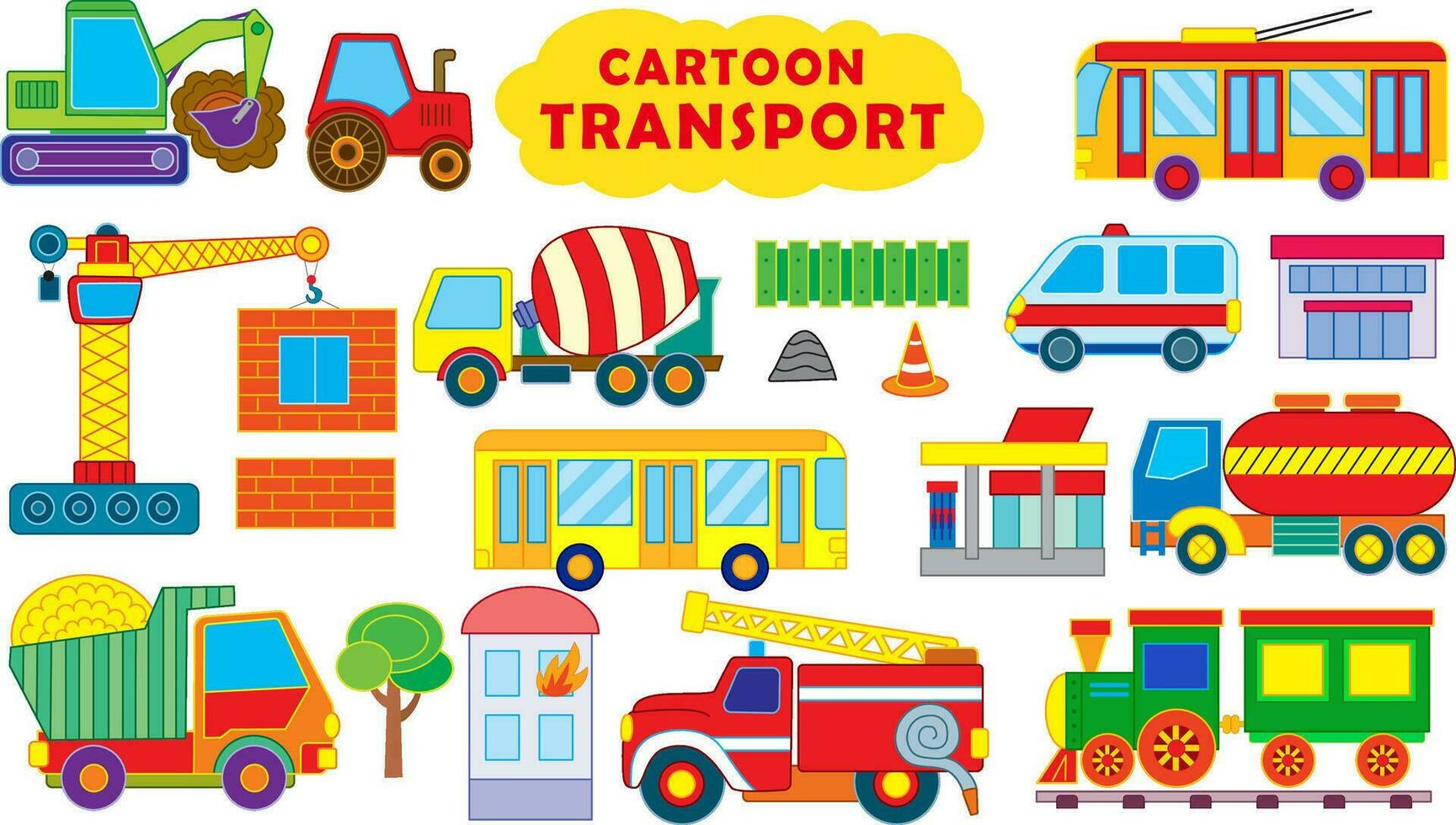 Big vector set of transport and cars in funny cartoon style