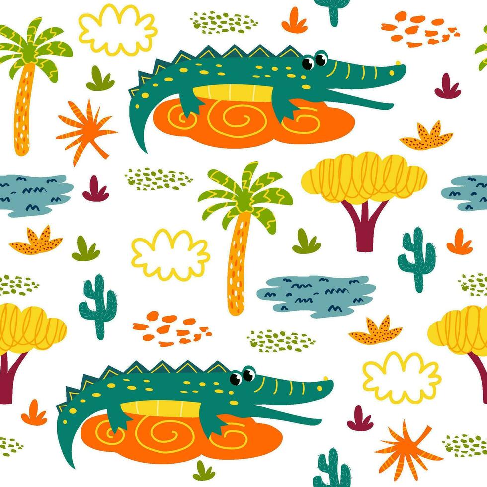 seamless pattern with African animals and plants in a childish cartoon style. vector illustration. for children's textiles and decoration