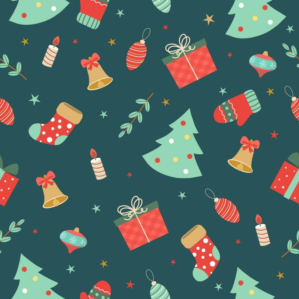 seamless christmas pattern template in cartoon style with christmas candies, gifts, holly leaves and bells. for wrapping paper, textile, themed decor vector