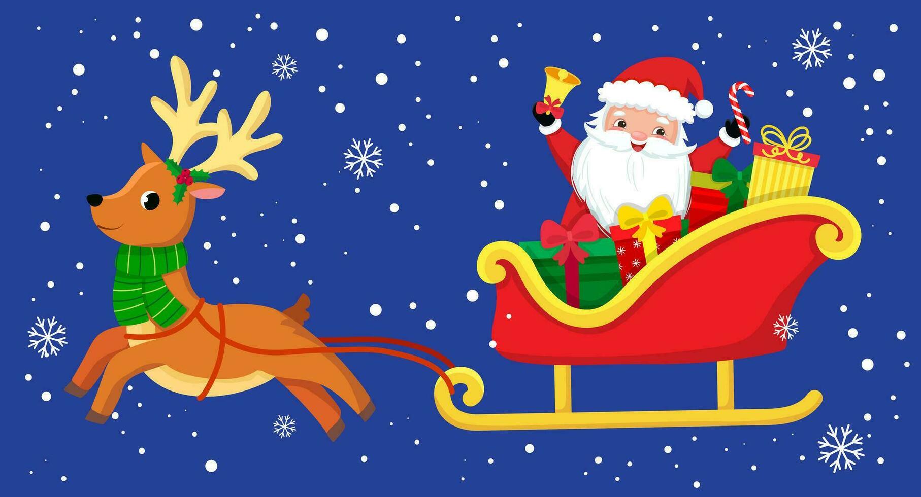 template for congratulations on christmas and new year in cartoon style. funny santa claus and items vector