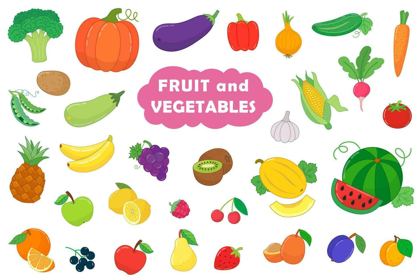 Big set of fruit and vegetables in cartoon style. vector illustration