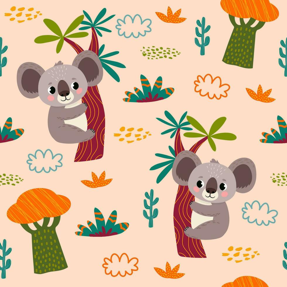 sin costura modelo con africano animales y plantas en un infantil dibujos animados estilo. vector ilustración. para para niños textiles y decoración