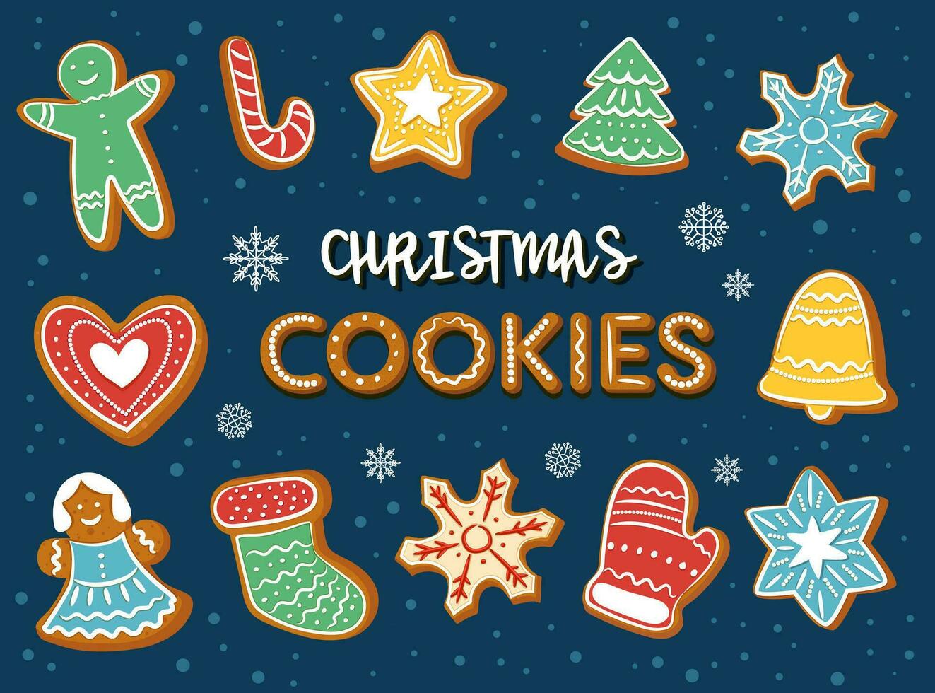 a set of Christmas gingerbread cookies decorated with icing sugar. vector illustration in cartoon style