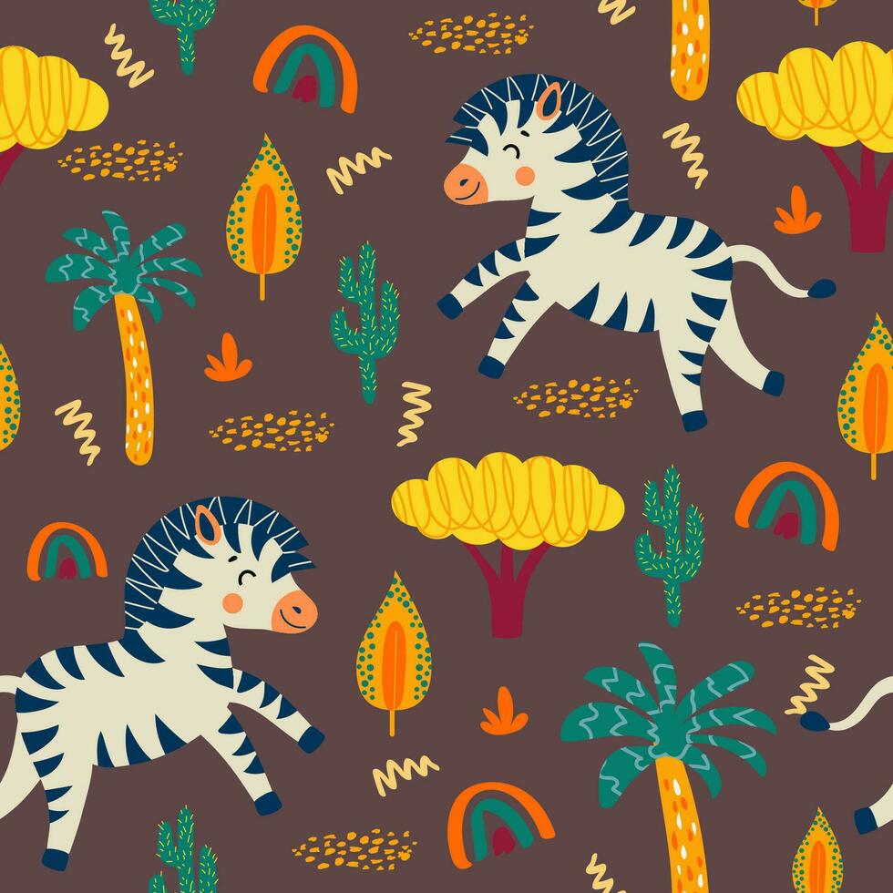 seamless pattern with African animals and plants in a childish cartoon style. vector illustration. for children's textiles and decoration