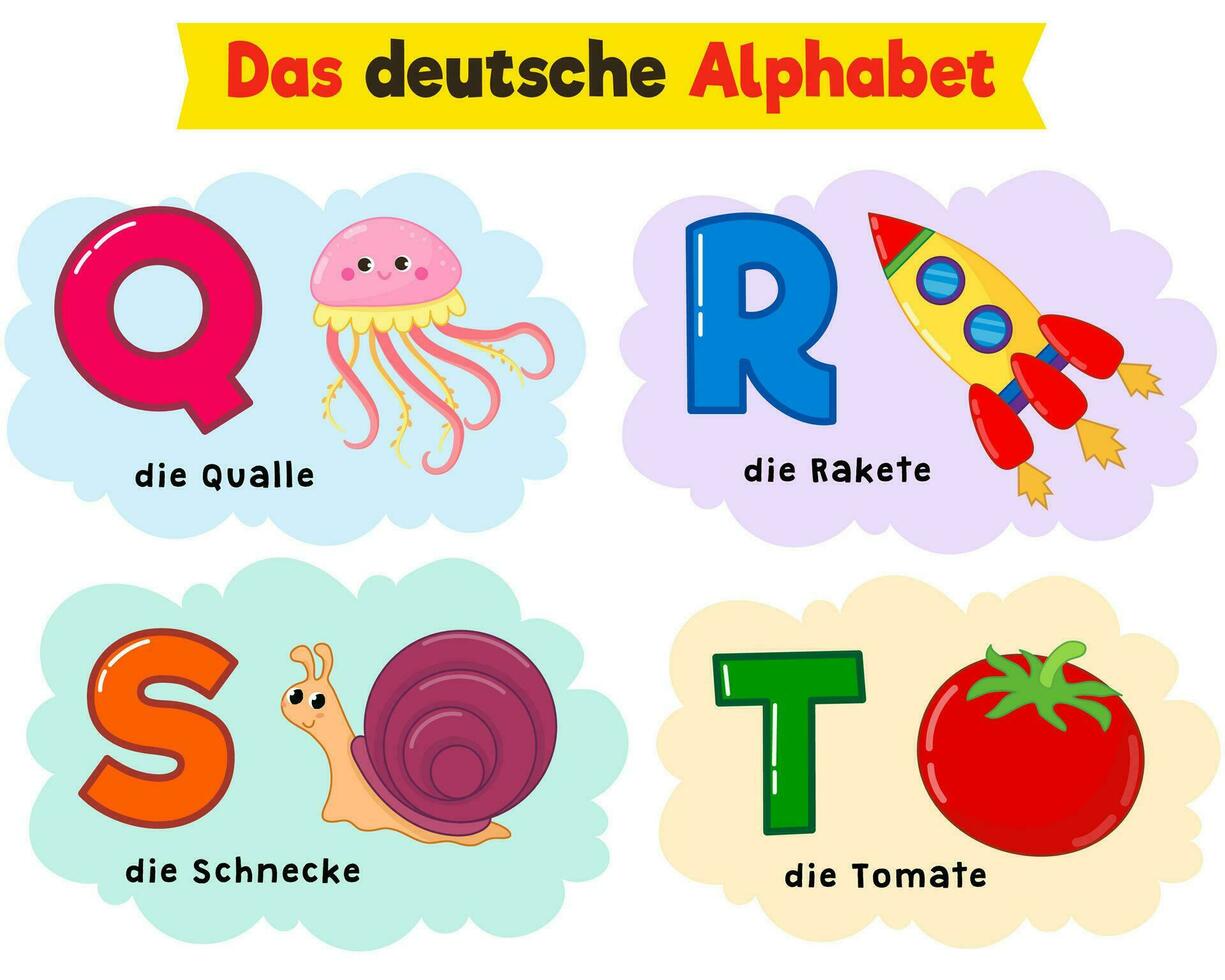 german alphabet. written in German jellyfish, tomato, snail, rocket vector