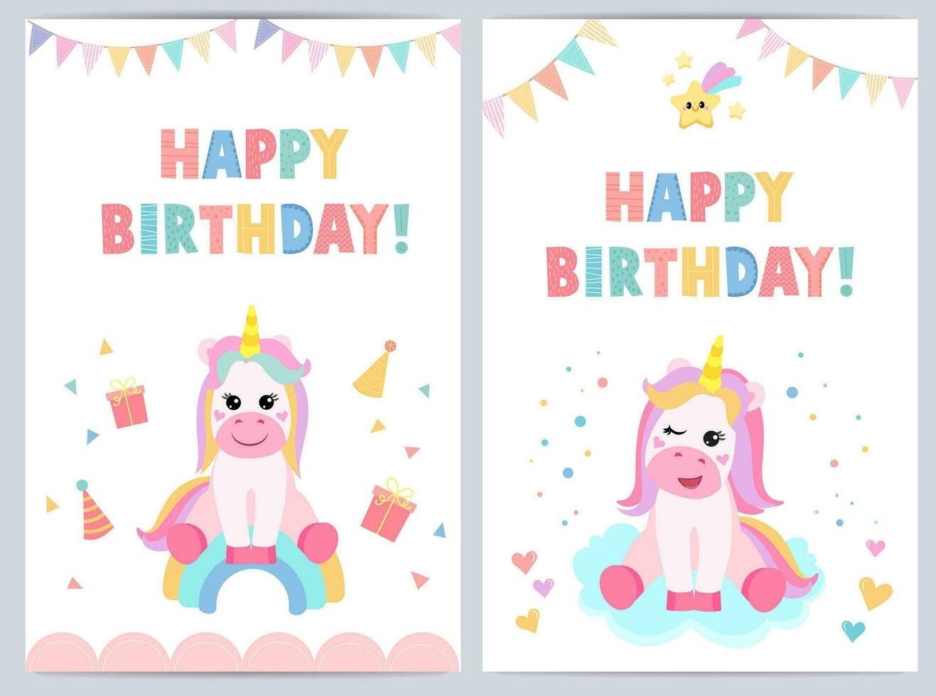 Cute birthday cards for kids with funny unicorn. vector illustration