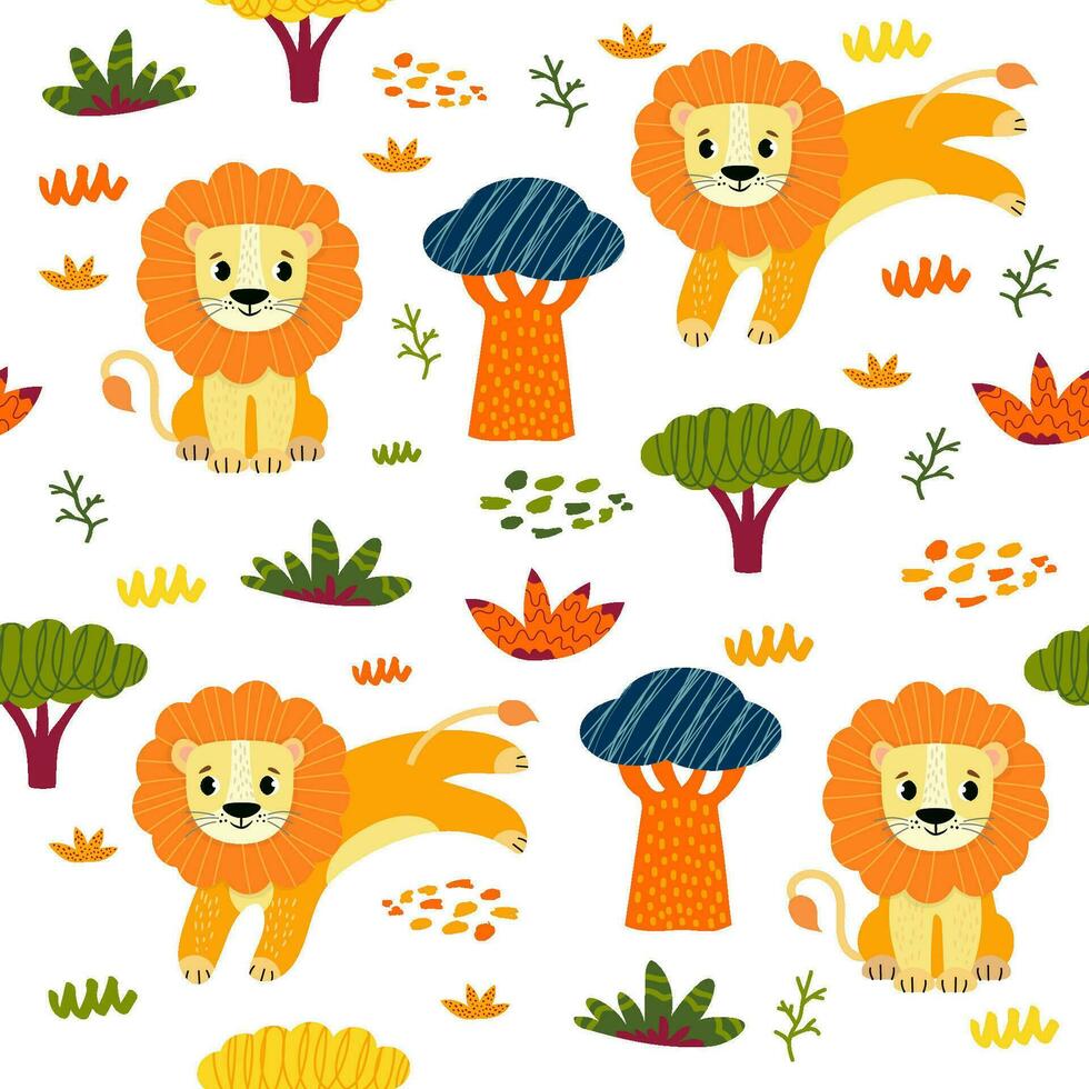 seamless pattern with African animals and plants in a childish cartoon style. vector illustration. for children's textiles and decoration