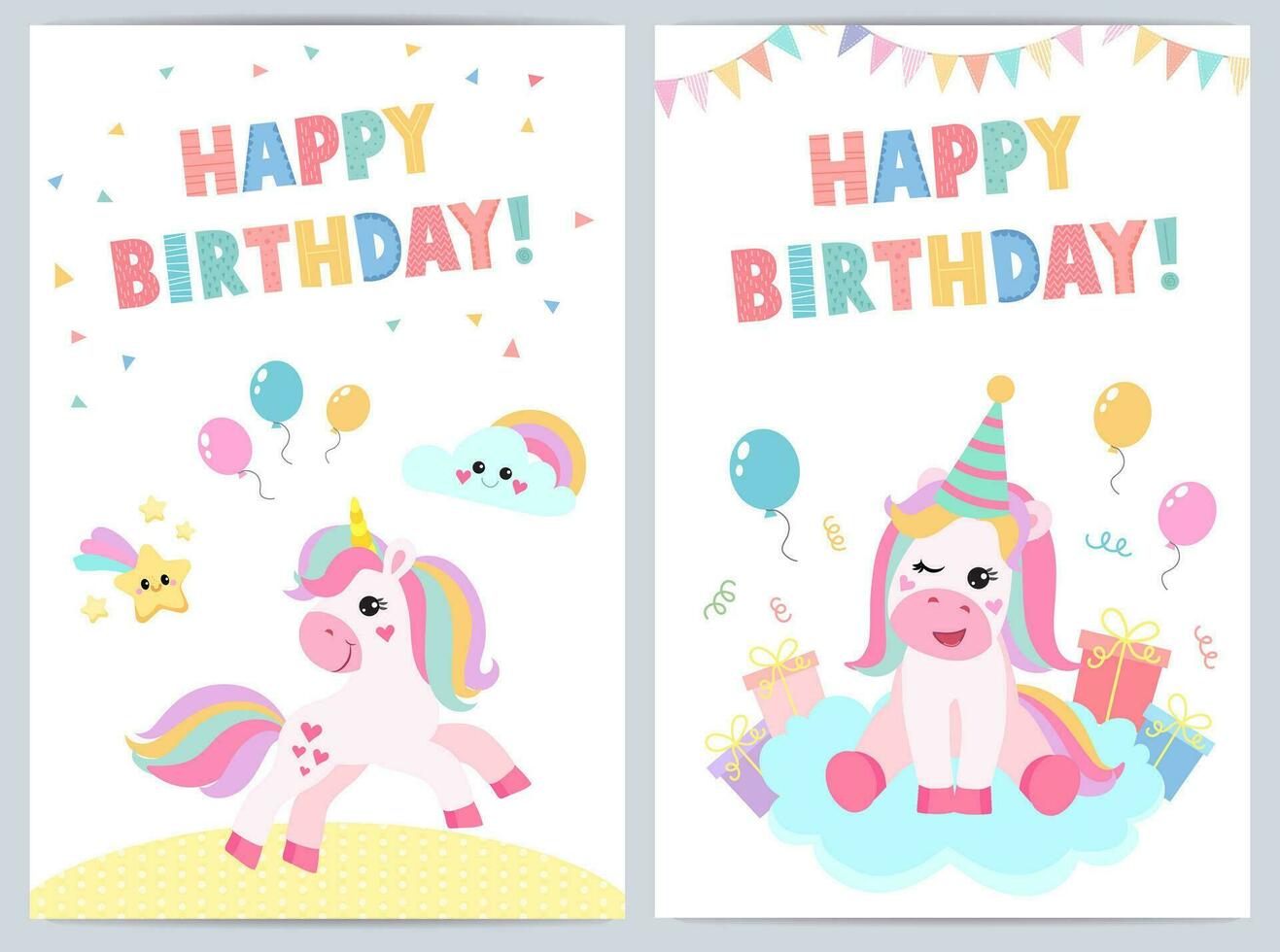 linda cumpleaños tarjetas para niños con gracioso unicornio. vector ilustración