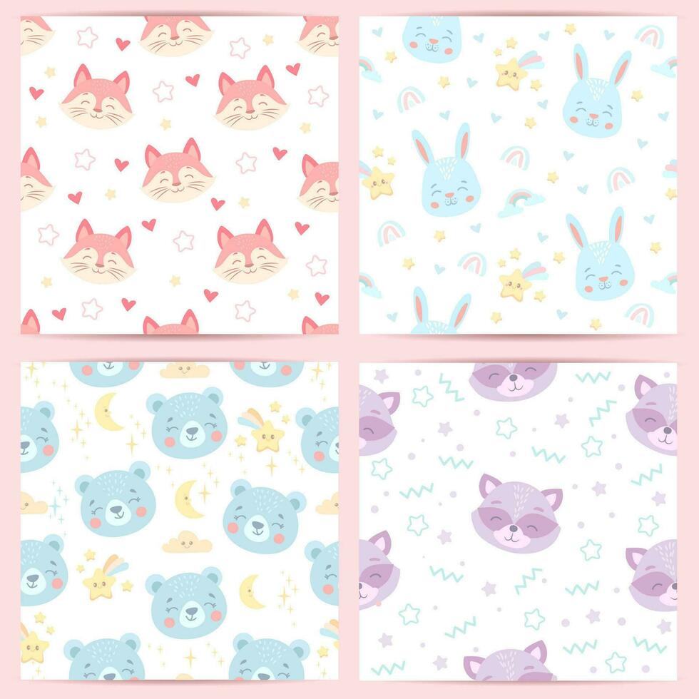 funny seamless patterns for babies. funny animals in cartoon style for birthday decoration. vector illustration