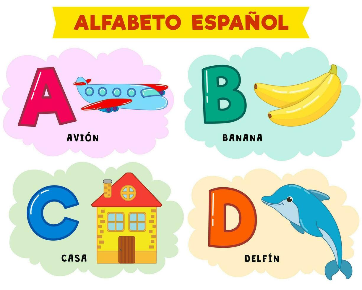 spanish alphabet. vector illustration. written in spanish plane, banana, house, dolphin