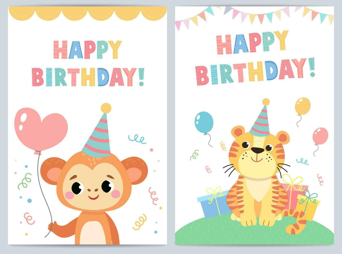 Cute birthday cards for kids with funny animals. vector illustration