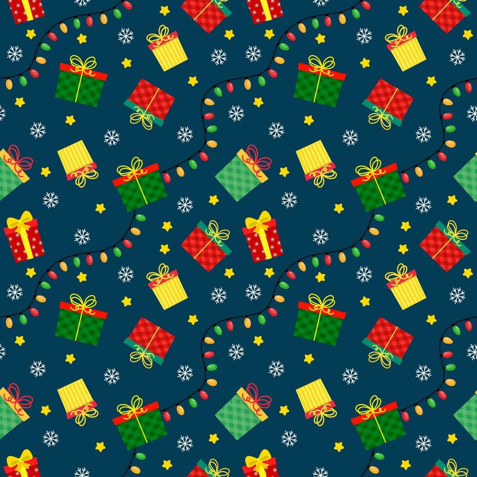 seamless christmas pattern template in cartoon style with christmas candies, gifts, holly leaves and bells. for wrapping paper, textile, themed decor vector