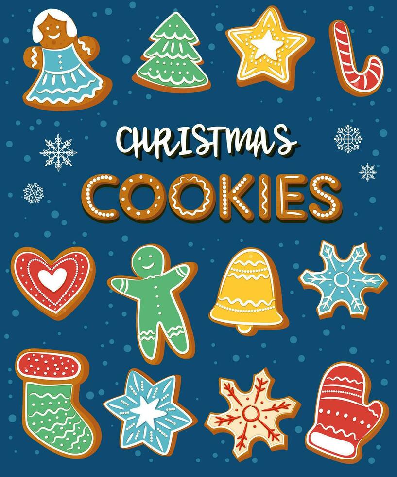 a set of Christmas gingerbread cookies decorated with icing sugar. vector illustration in cartoon style