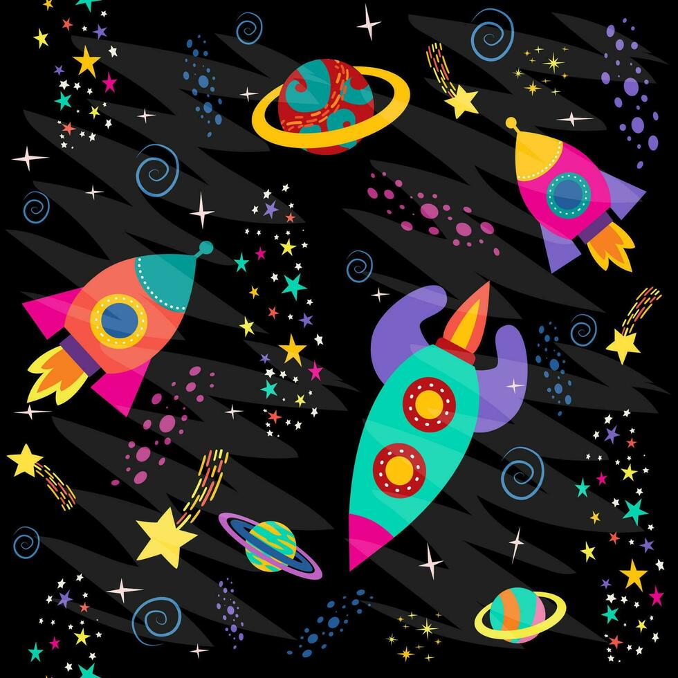 seamless pattern with space objects, planets, rockets, stars, comets, spaceships in cartoon style. vector illustration