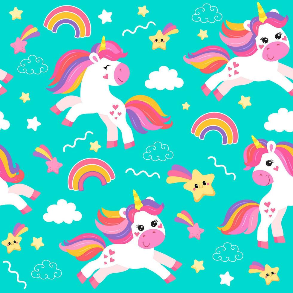 colorful seamless patterns with unicorns in cartoon style for kids. vector illustration