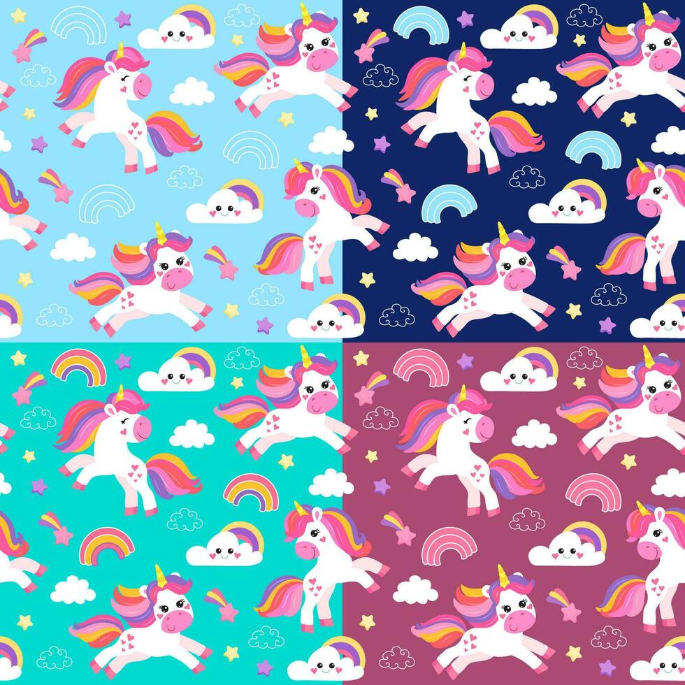 colorful seamless patterns with unicorns in cartoon style for kids. vector illustration