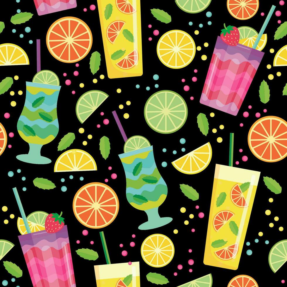 drinks and slices of fruit. seamless pattern. vector image. for printing on fabrics, paper cups, wrapping paper, phone cases. for party