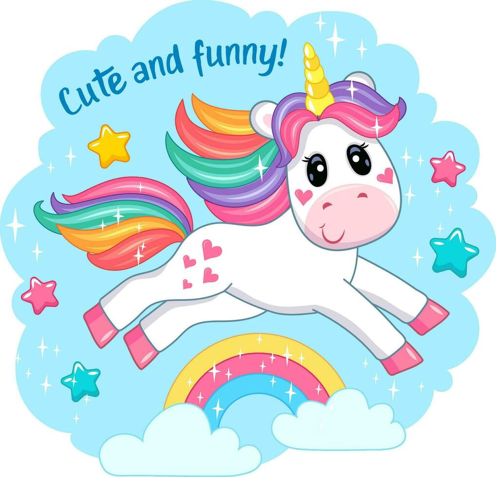 vistoso linda unicornio. pegatinas para niños en dibujos animados estilo. vector ilustración