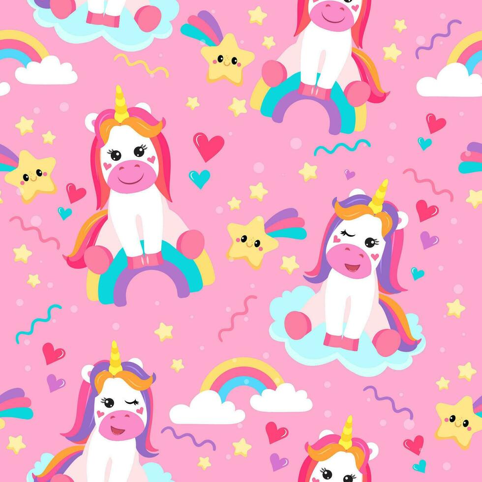 colorful seamless patterns with unicorns in cartoon style for kids. vector illustration