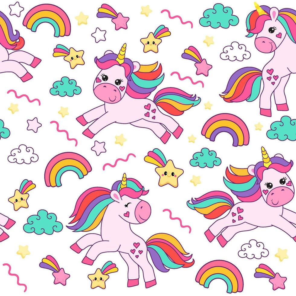 colorful seamless patterns with unicorns in cartoon style for kids. vector illustration