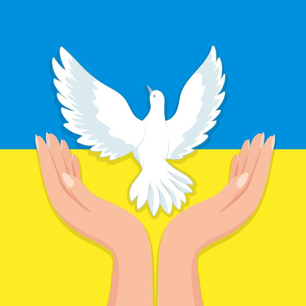 póster en apoyo de Ucrania. detener el guerra, ayuda Ucrania. el texto de el militar bandera con el corazón de Ucrania en el manos. internacional protesta. vector ilustración