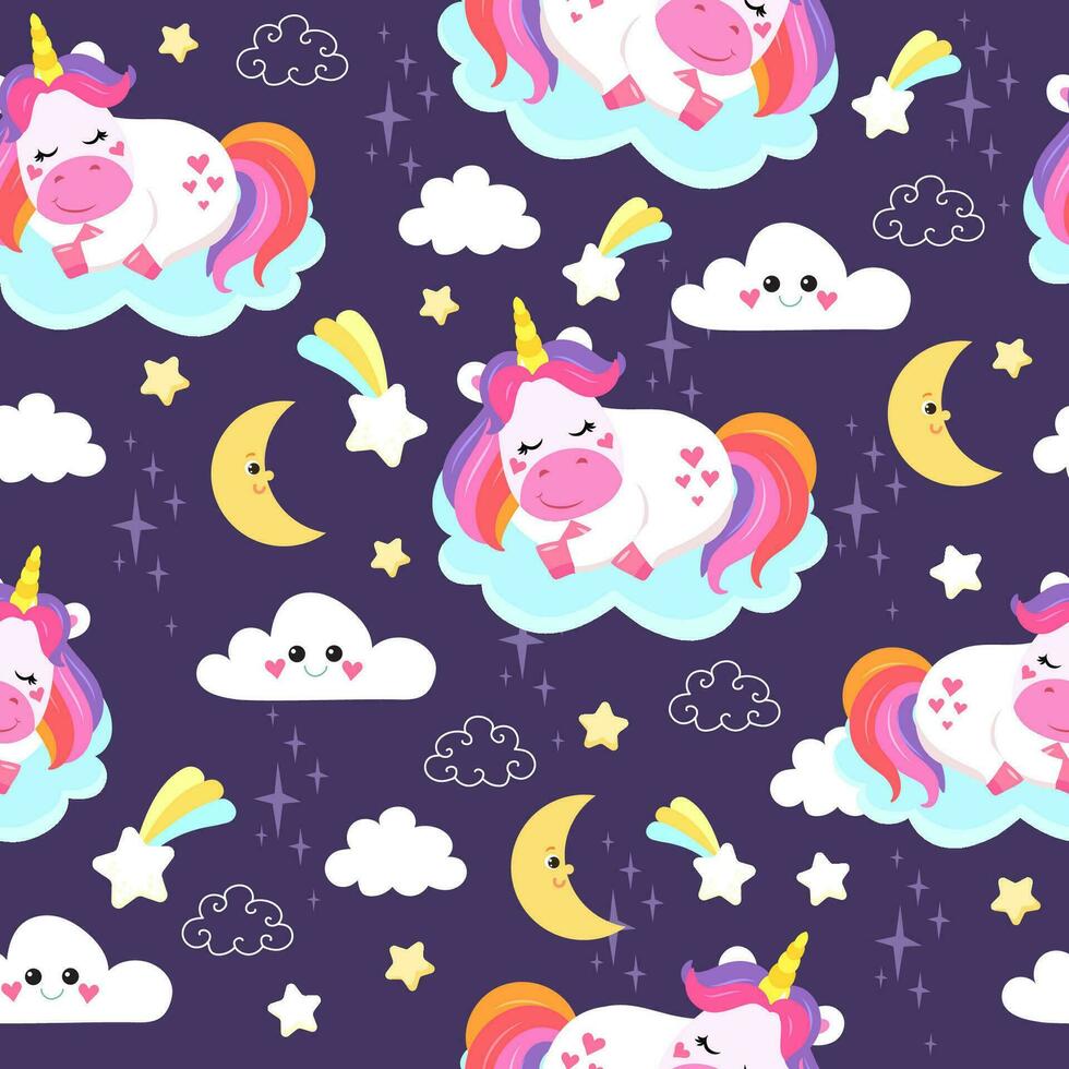 colorful seamless patterns with unicorns in cartoon style for kids. vector illustration