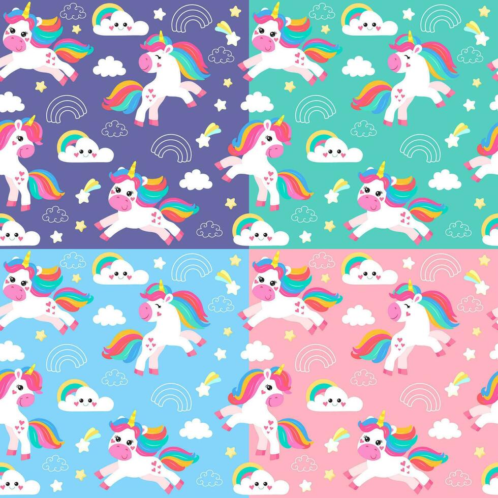 colorful seamless patterns with unicorns in cartoon style for kids. vector illustration