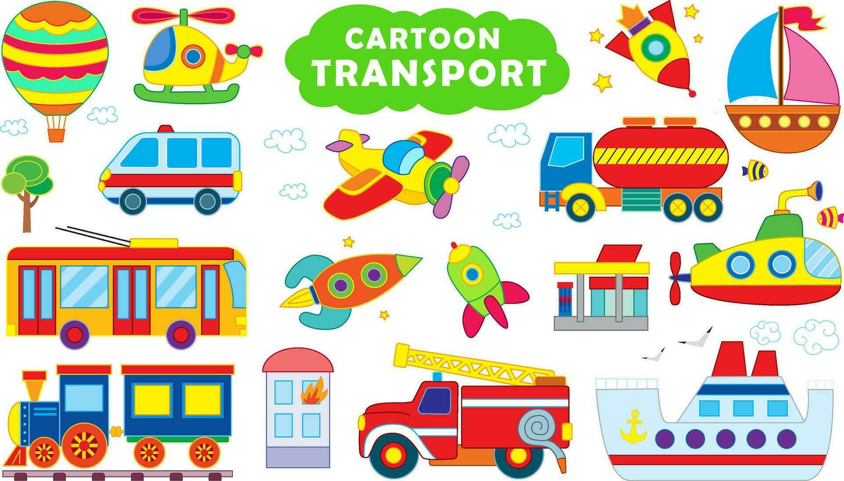 grande vector conjunto de transporte y carros en gracioso dibujos animados estilo