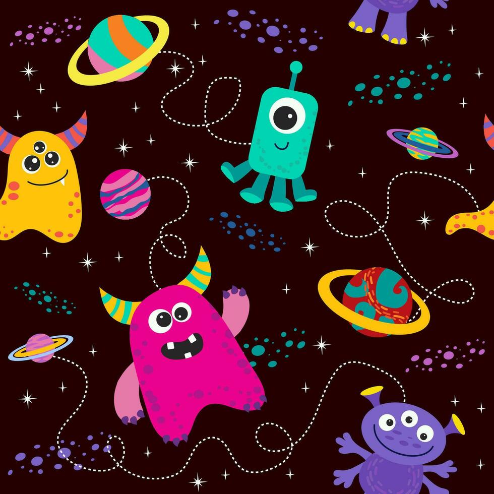 seamless pattern with aliens and space monsters, planets, rockets, stars, comets, spaceships in cartoon style. vector illustration