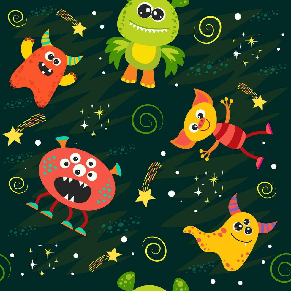 seamless pattern with aliens and space monsters, planets, rockets, stars, comets, spaceships in cartoon style. vector illustration