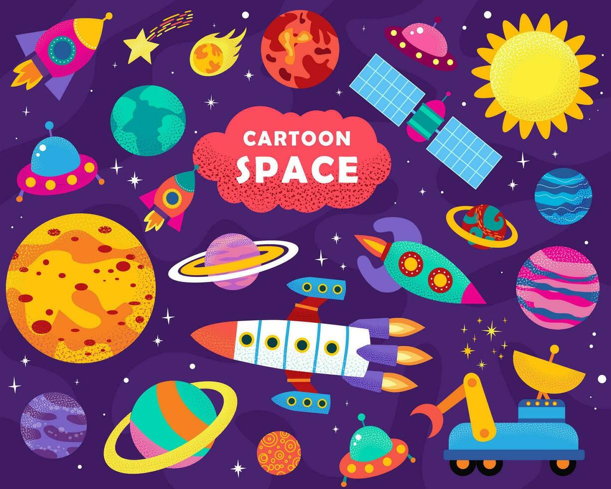 set of vector illustrations in cartoon style about space