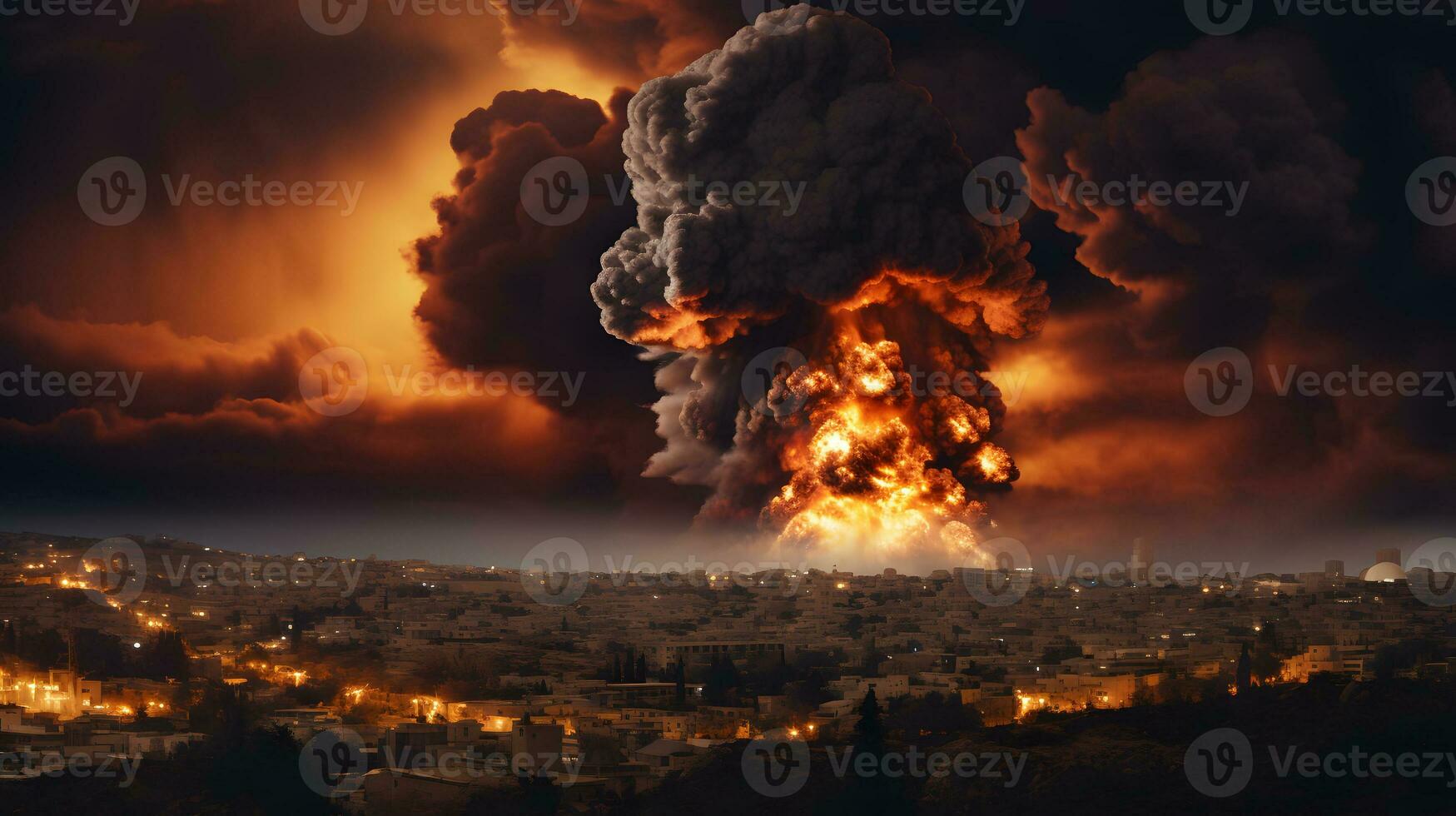 Conceptual image of big explosion with smoke and fire in the city AI Generated photo