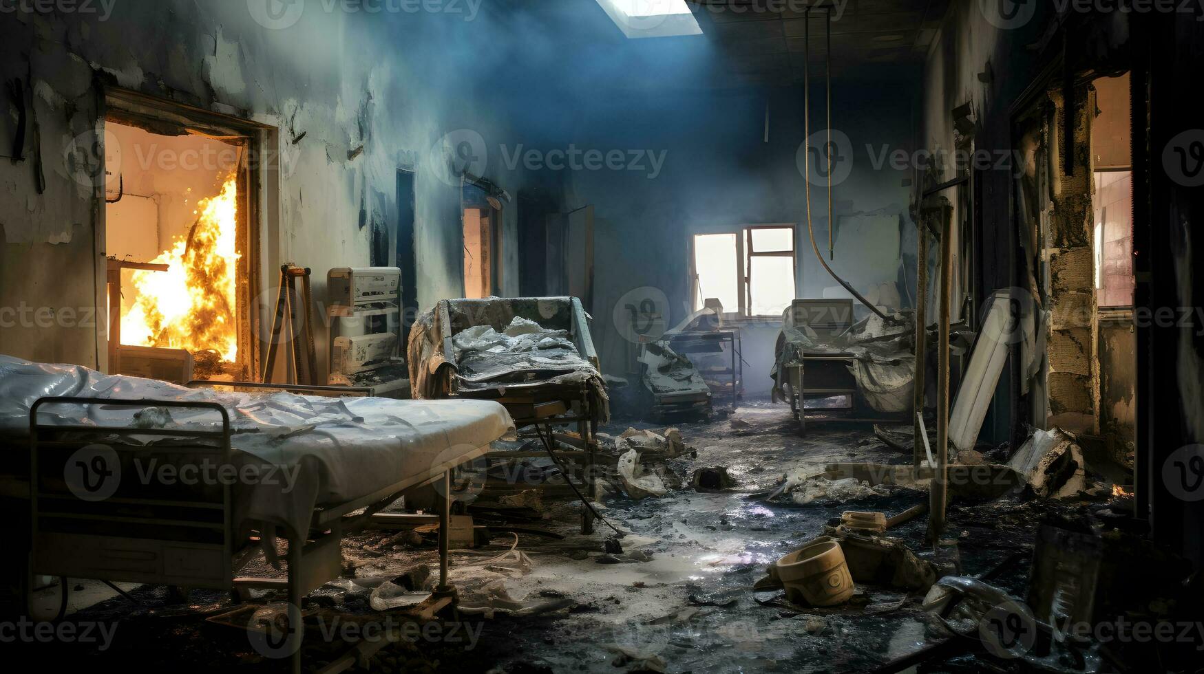 abandonado hospital después un fuego en el medio de el noche ai generado foto