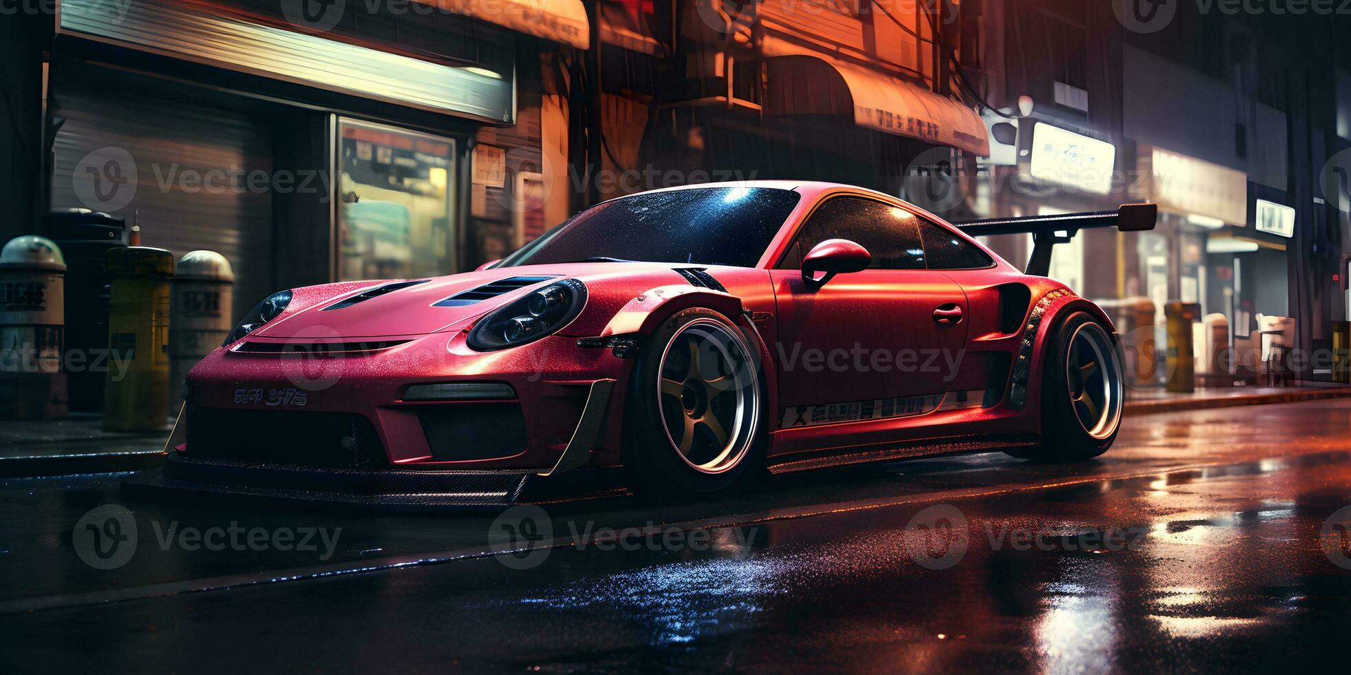 Sport car at midnight after rain in street city AI Generated photo