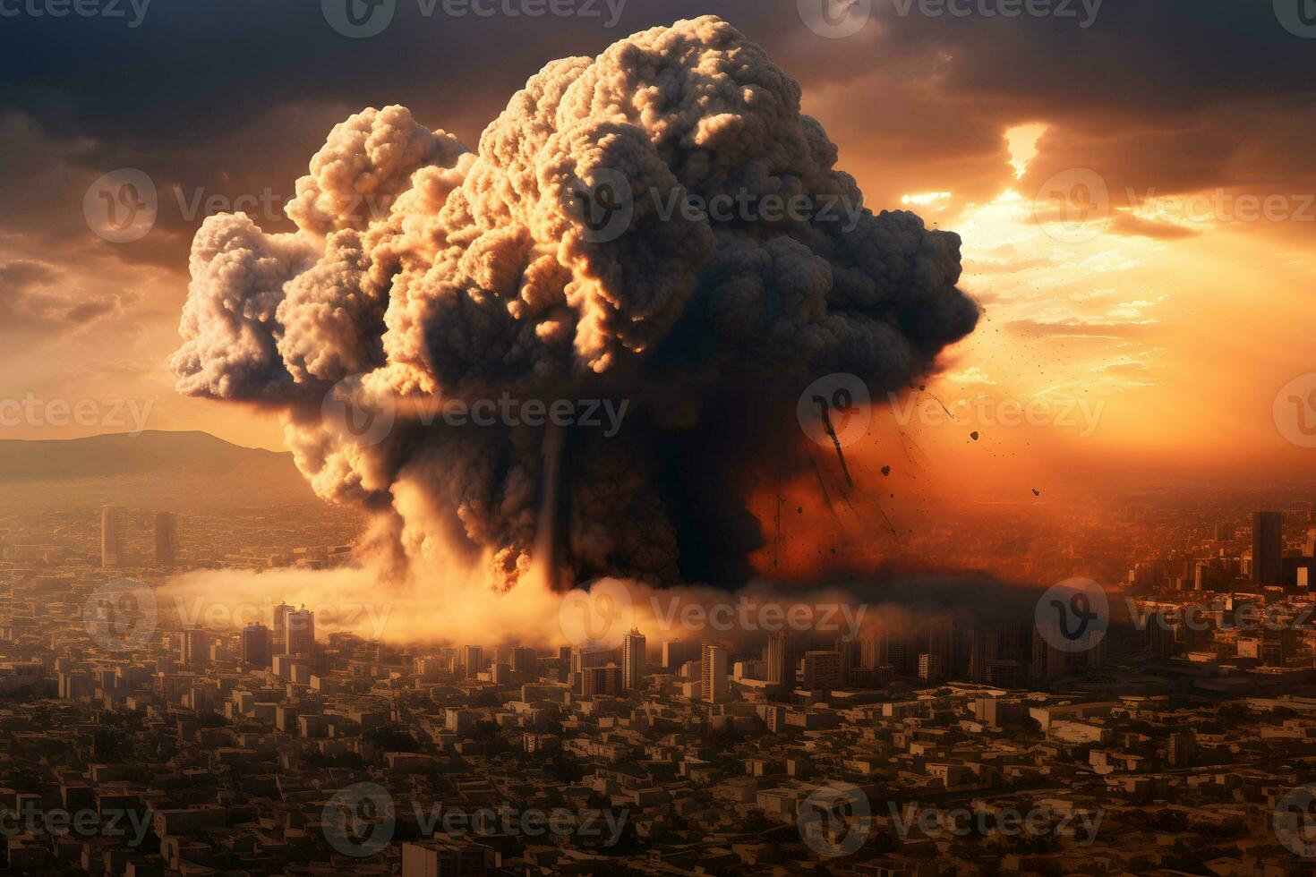 Big explosion with smoke in the city at sunset AI Generated photo