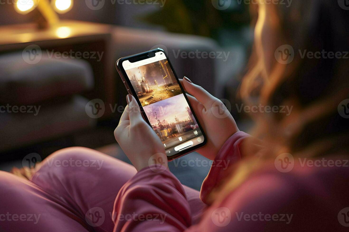 A girl sitting on a couch and scrolling reels on her smartphone. AI Generated photo