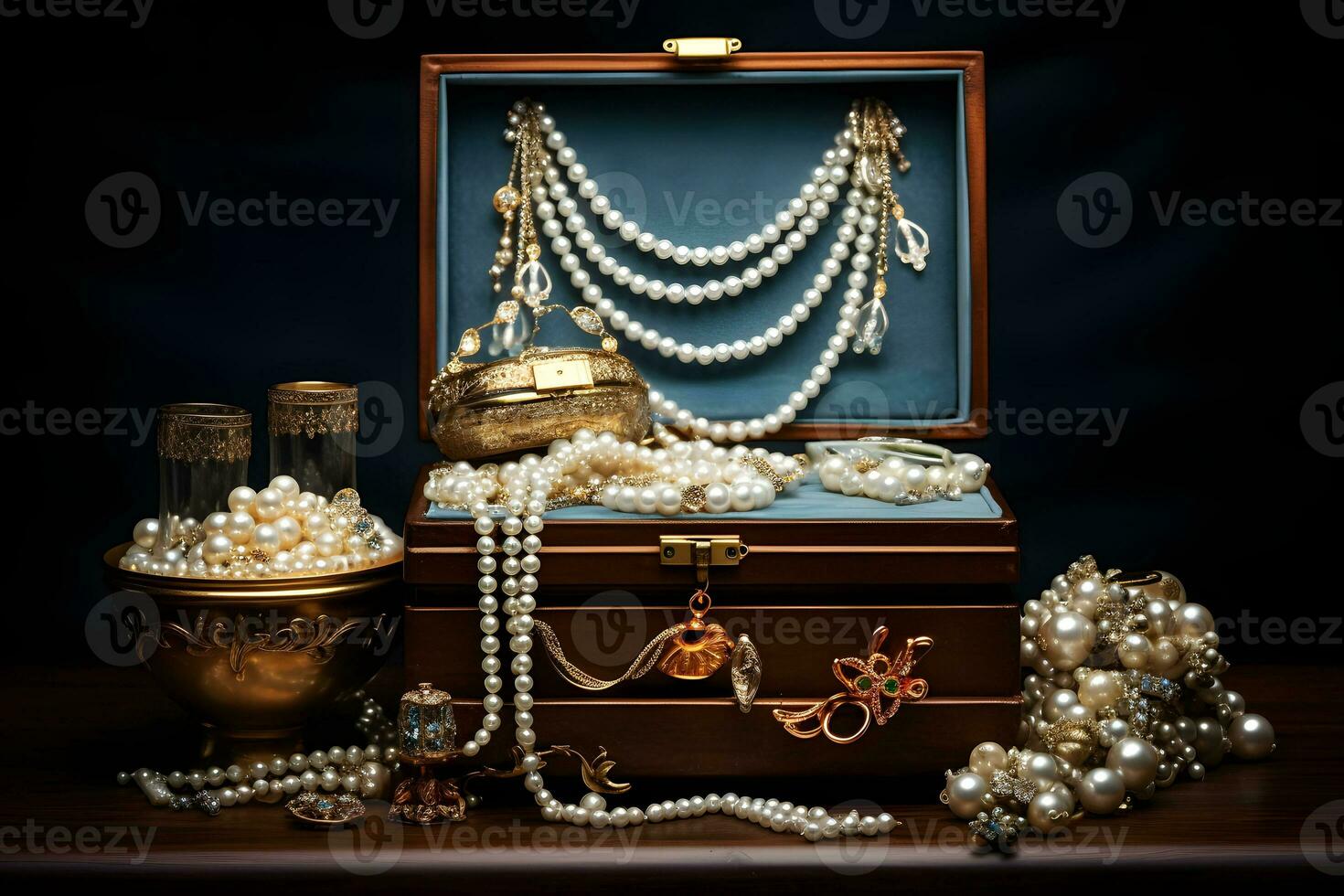 A beautifully adorned jewelry box filled with pearls and other exquisite pieces. AI Generated photo