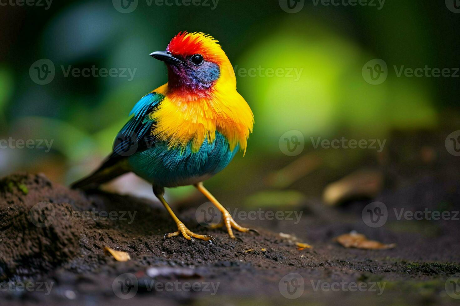 A colorful bird is standing on the ground. AI Generated photo