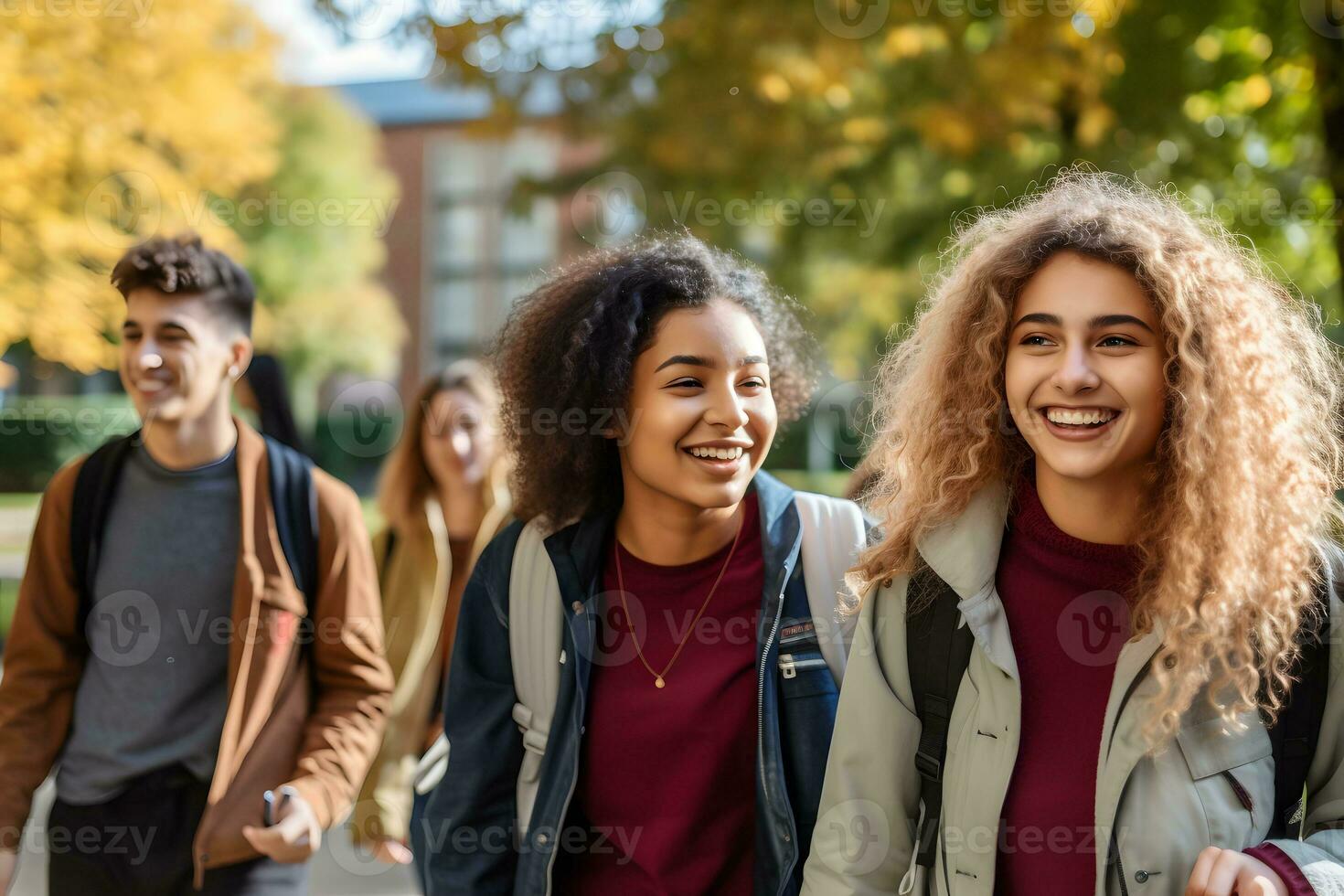 A group of students laughing while walking down a sidewalk. AI Generated photo