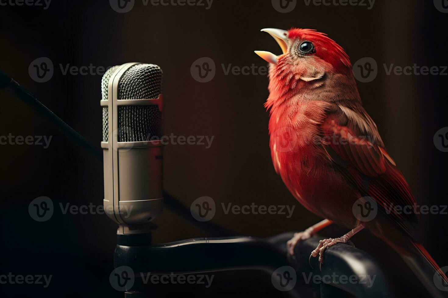 A beautiful red bird singing on mic. AI Generated photo