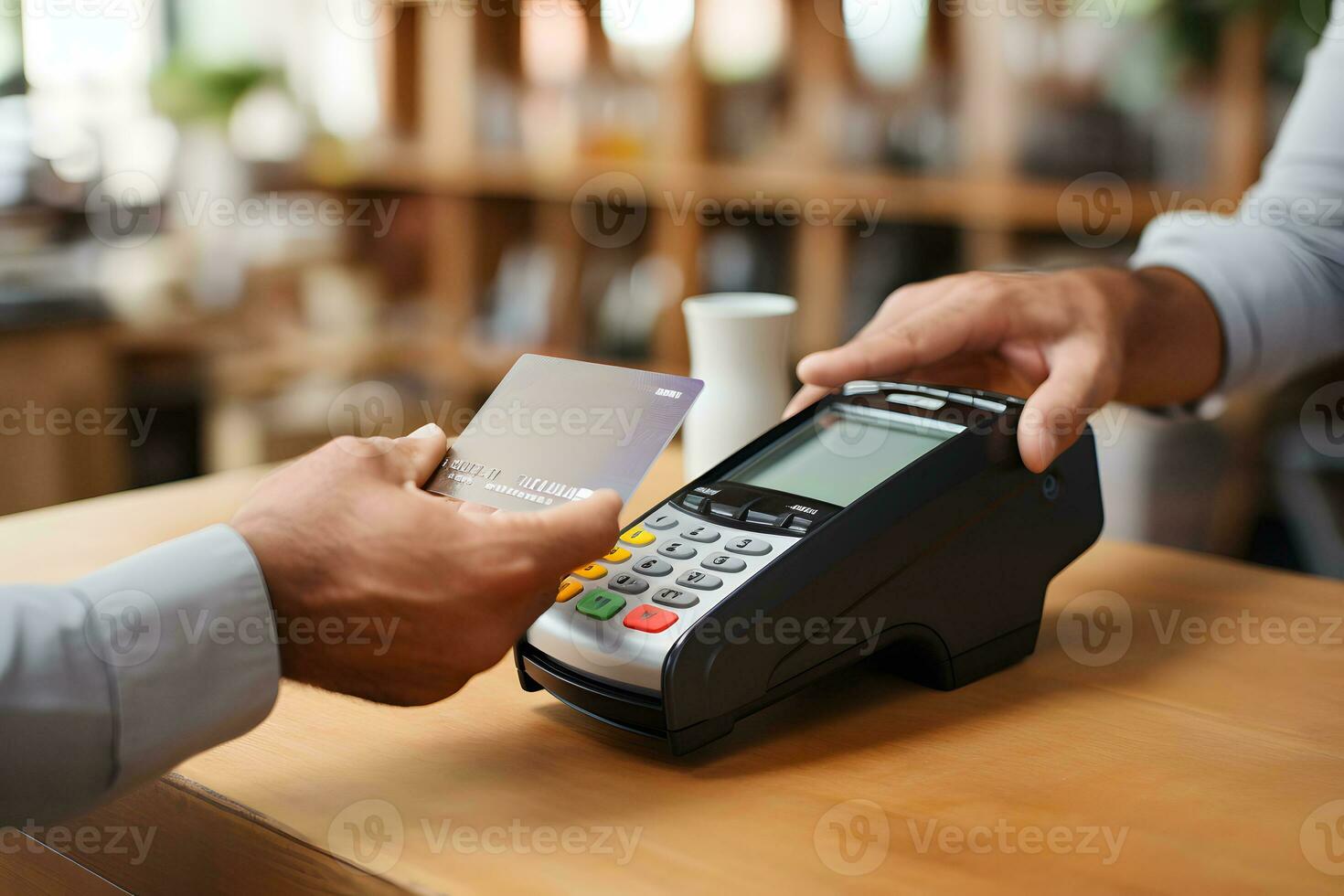 Making payment with a credit card at POS. point of sale machine. AI Generated photo