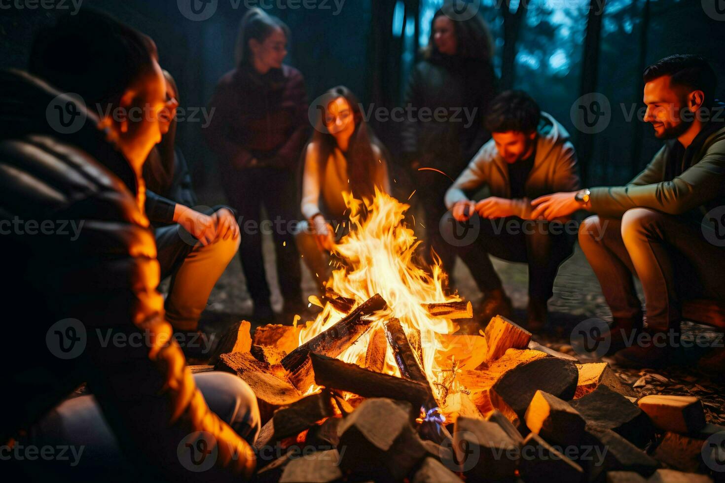 un grupo de amigos disfrutando un acogedor hoguera noche en el bosque. ai generado foto