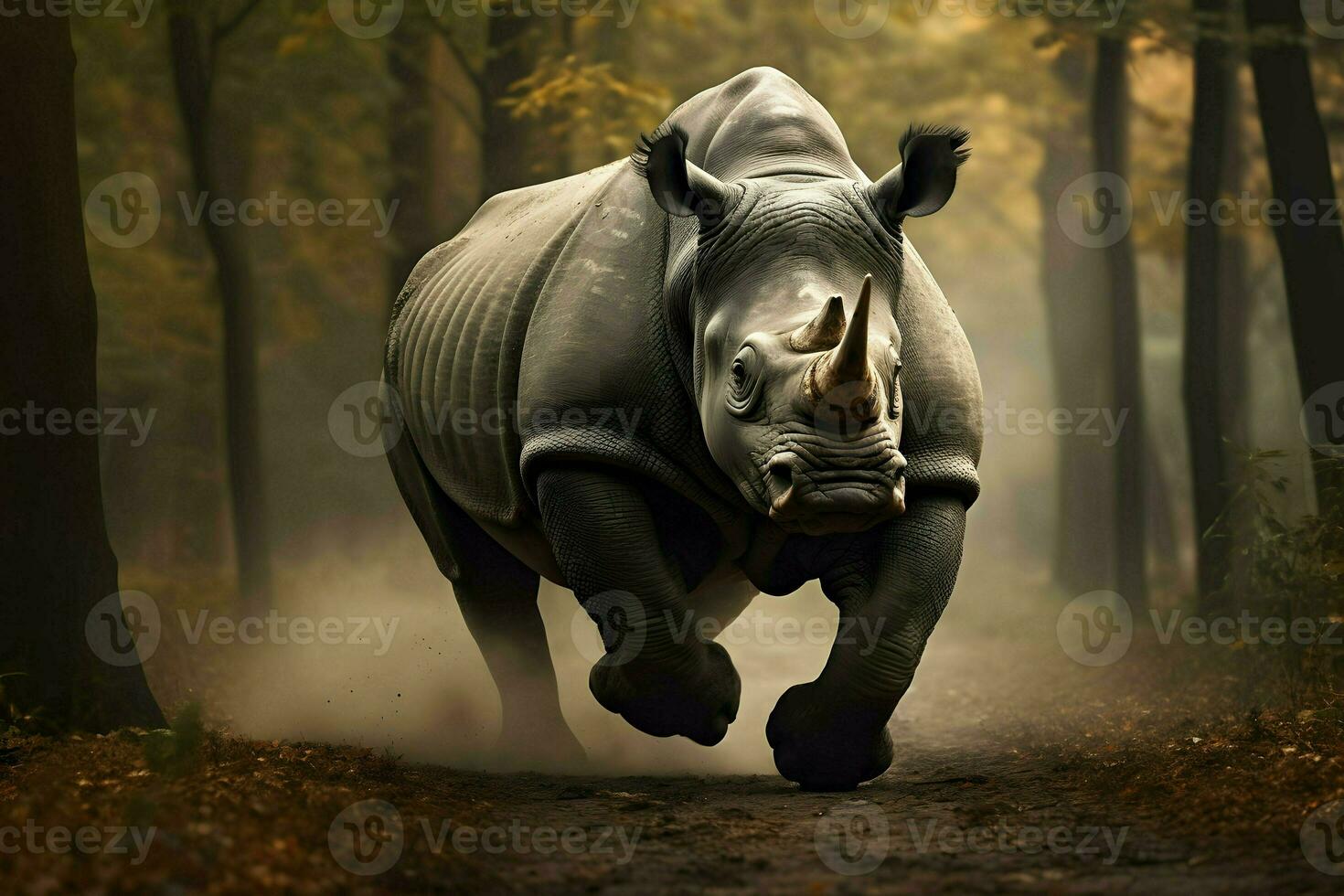 A rhinoceros sprinting along a dirt path in a lush forest. AI Generated photo